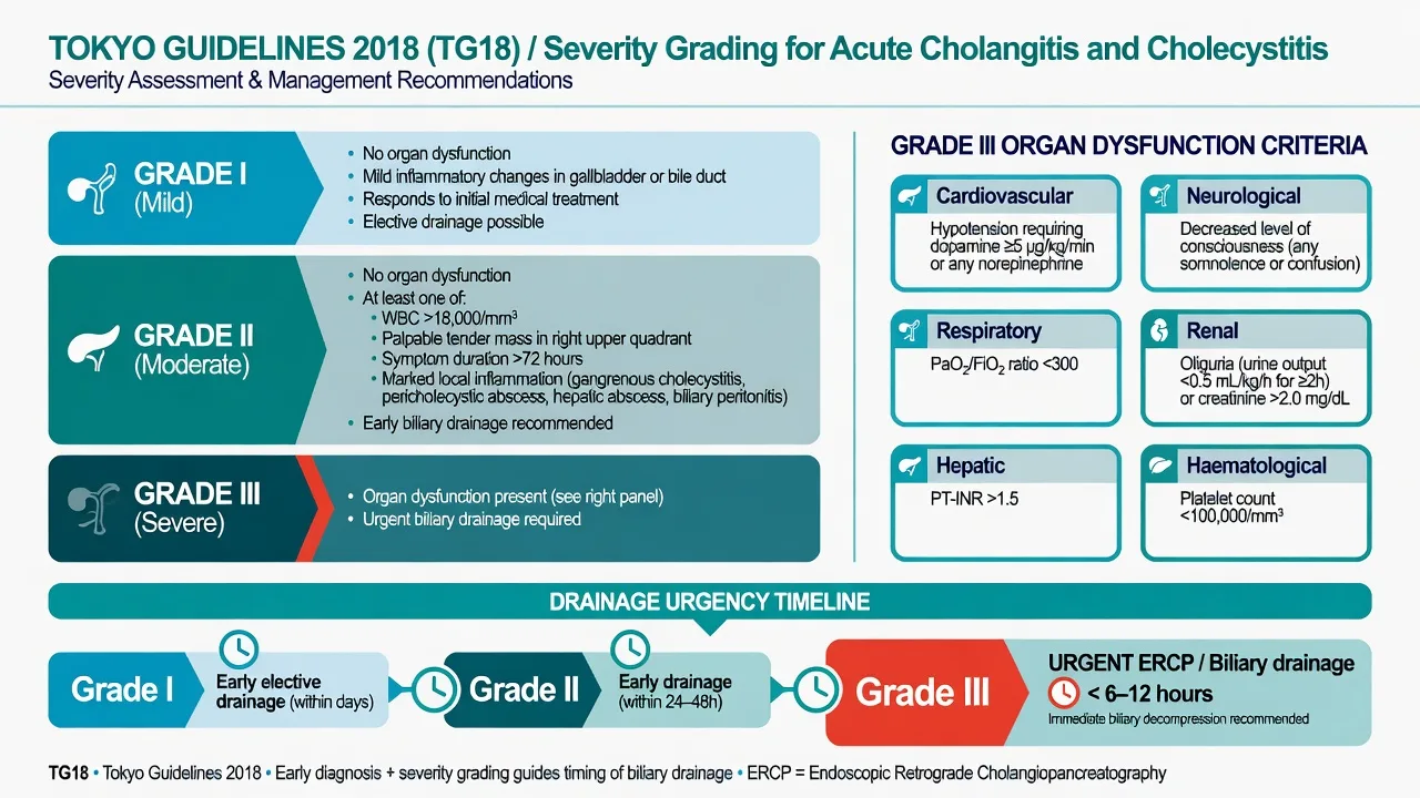 Tokyo Guidelines 2018 severity grades I to III for cholangitis and cholecystitis with organ dysfunction criteria