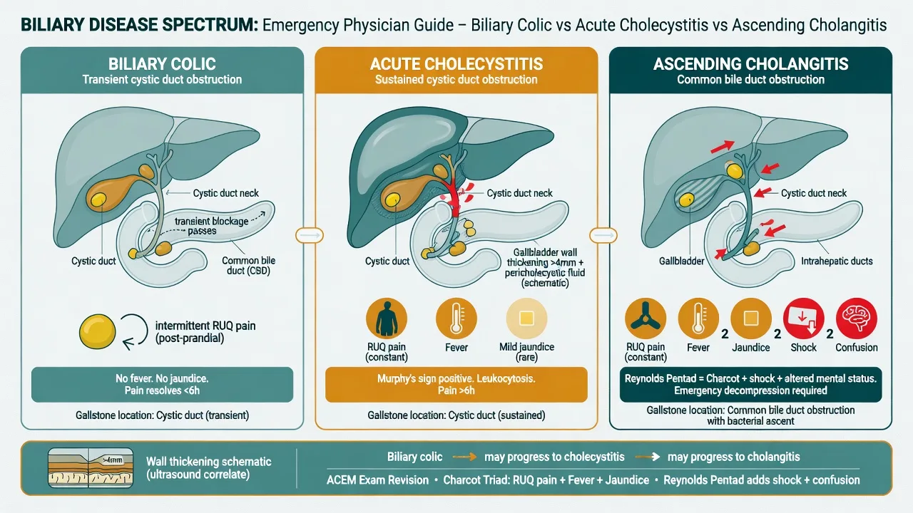 Educational diagram of the biliary spectrum: colic, cholecystitis and ascending cholangitis with stone locations and Charcot triad icons