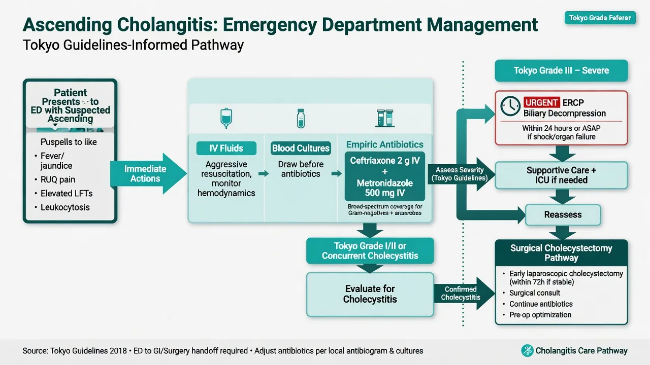 Management algorithm for ascending cholangitis with fluids, blood cultures, empiric antibiotics and urgent ERCP decompression
