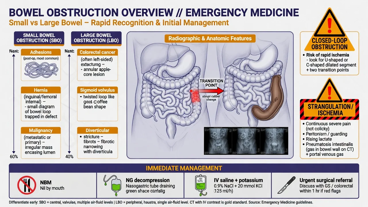 Teaching diagram of plain film and CT findings in bowel obstruction including transition point, coffee-bean volvulus and ischaemia signs