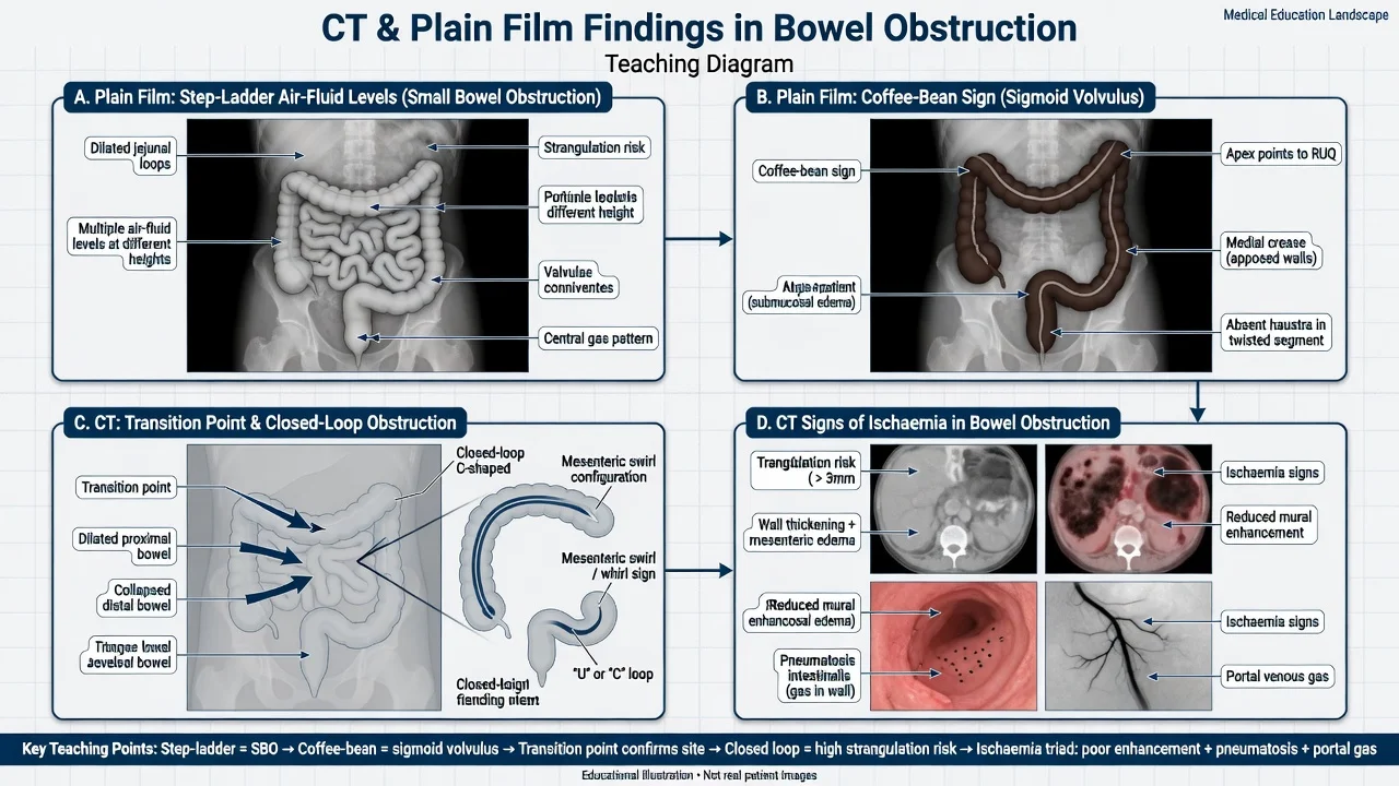 An erect abdominal X-ray showing dilated small bowel loops with multiple air-fluid levels