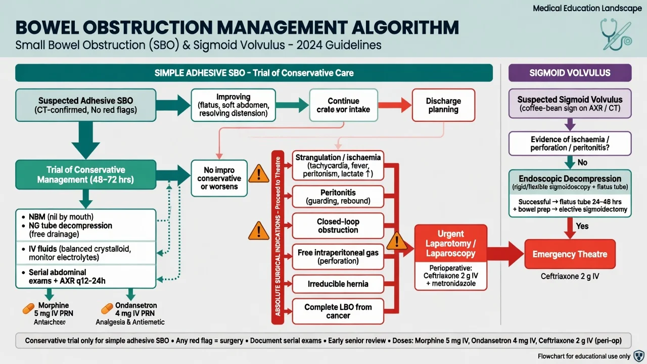 Bowel obstruction management algorithm contrasting conservative trial with absolute surgical indications including strangulation and closed-loop