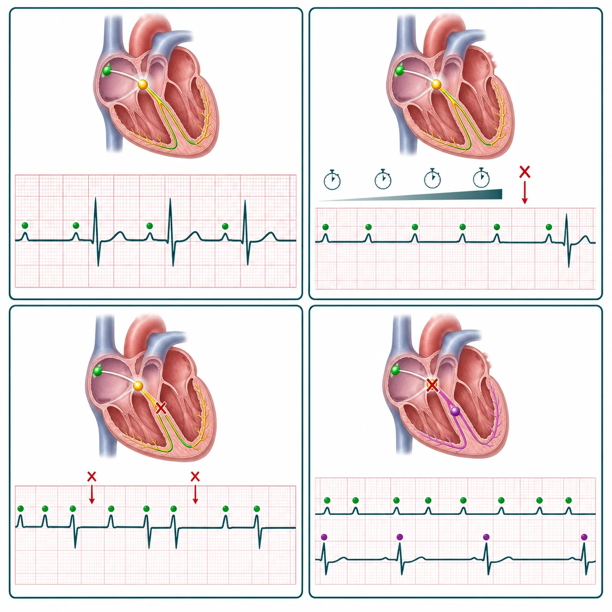 ECG patterns of first-degree, Mobitz I, Mobitz II and complete heart block