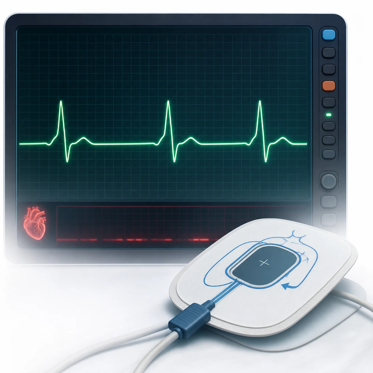 A cardiac monitor showing a slow rhythm with pacing pads attached