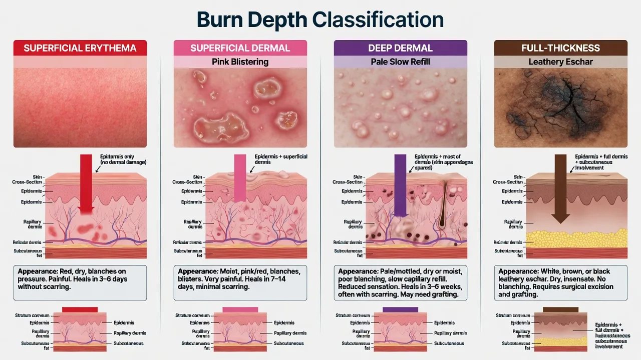 Four-column burn depth classification from superficial erythema to full-thickness eschar