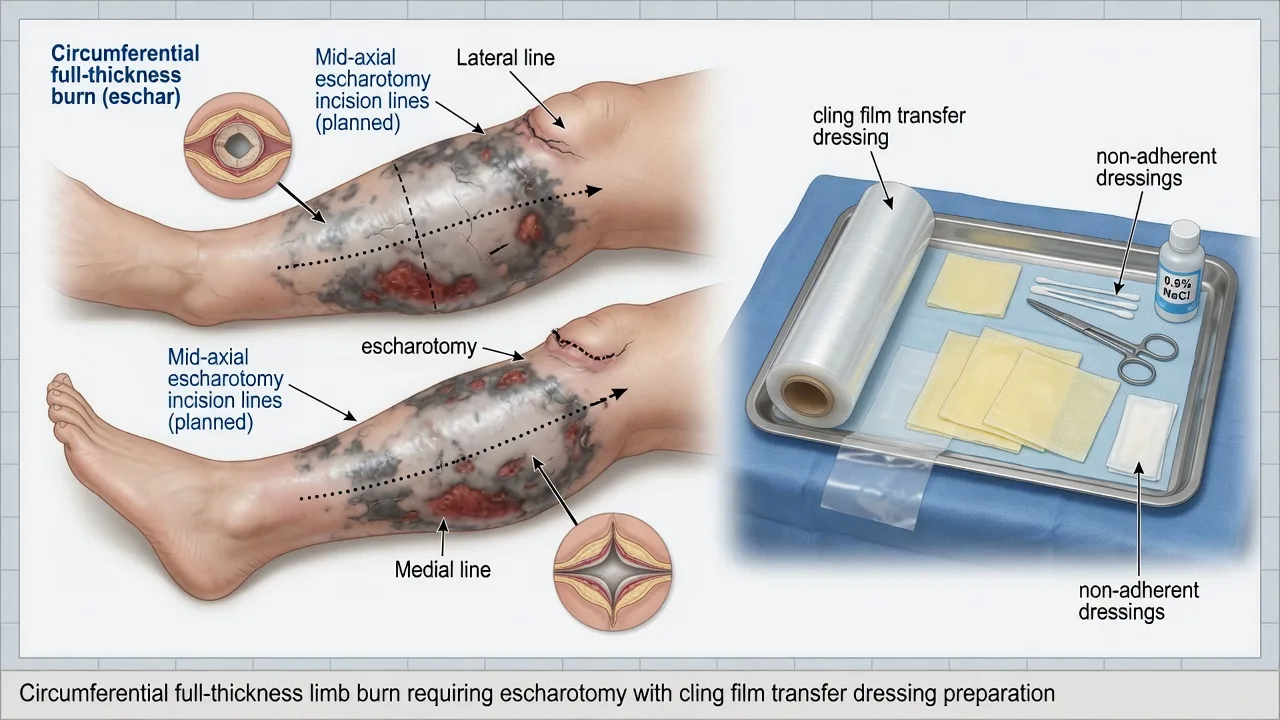 Circumferential full-thickness limb burn with mid-axial escharotomy lines and cling film dressing tray