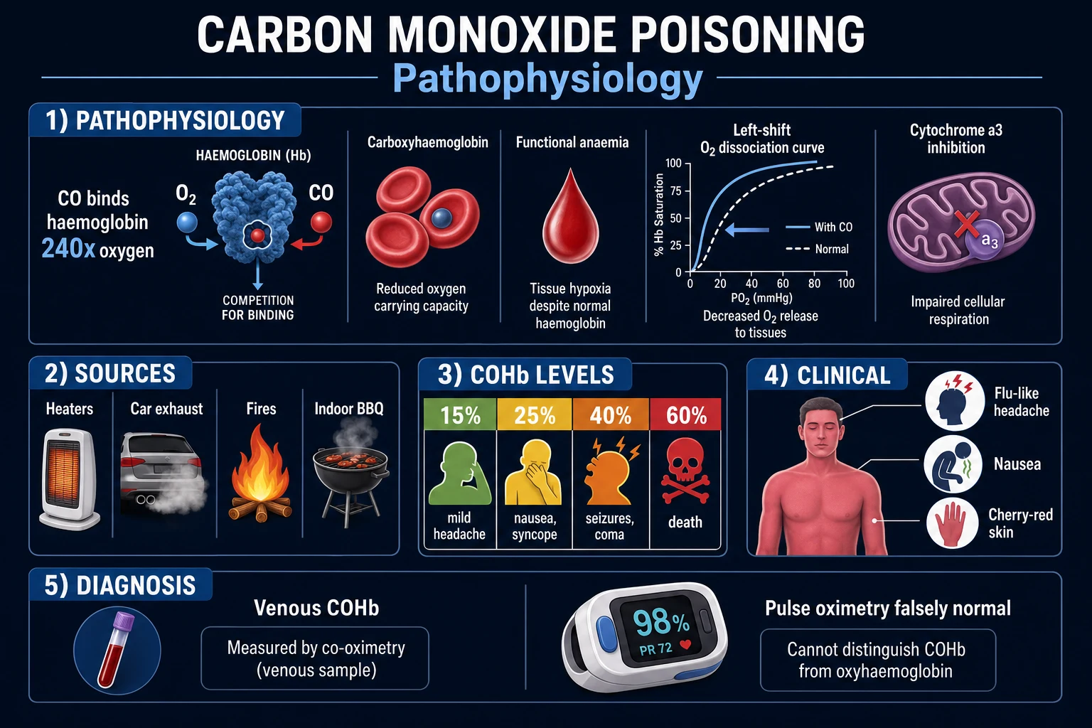 Educational severity diagram for carbon monoxide poisoning showing mild moderate and severe clinical tiers with carboxyhaemoglobin ranges
