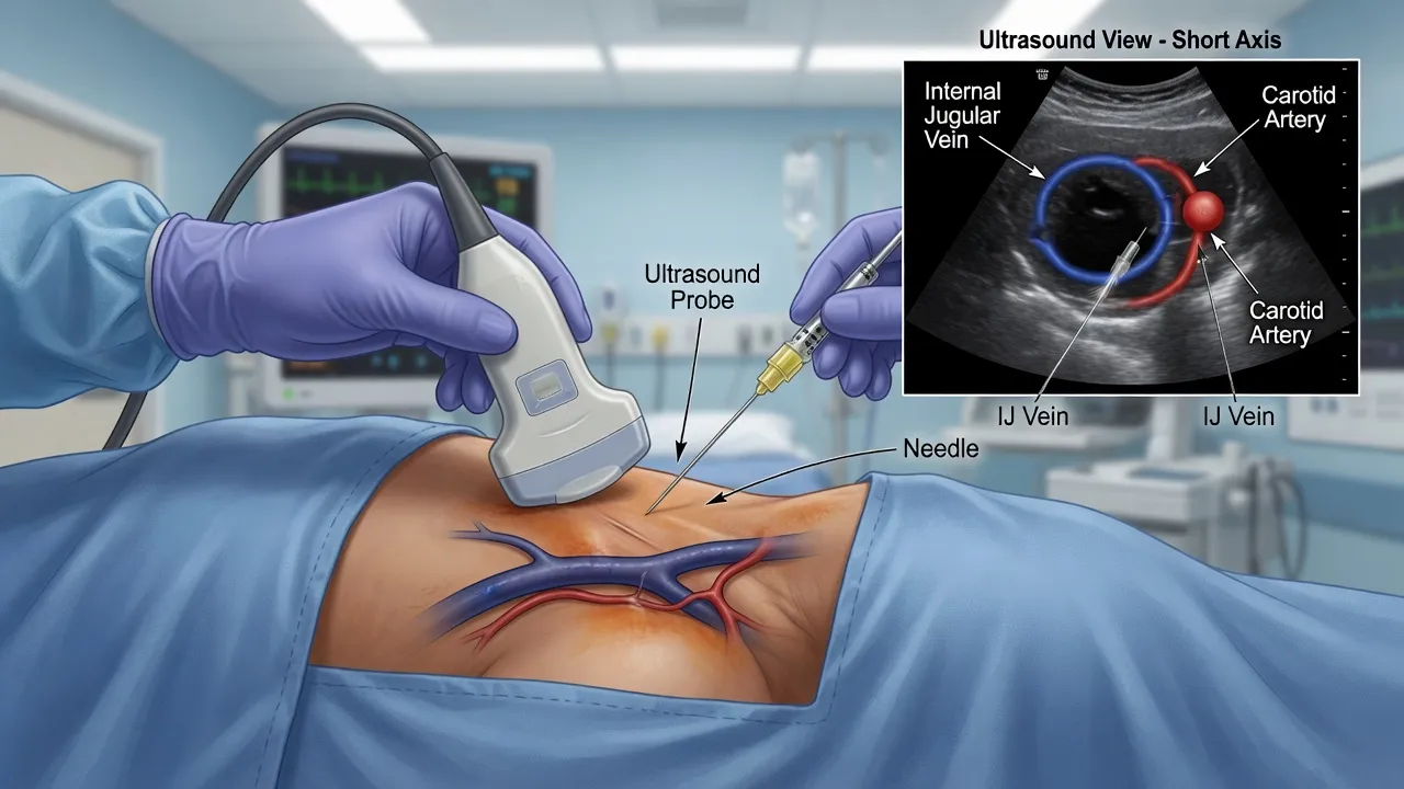 An ultrasound-guided internal jugular central line insertion with anatomical landmarks marked