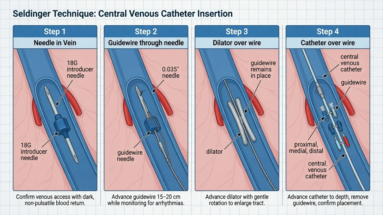 Ultrasound-guided Seldinger central venous catheter insertion steps