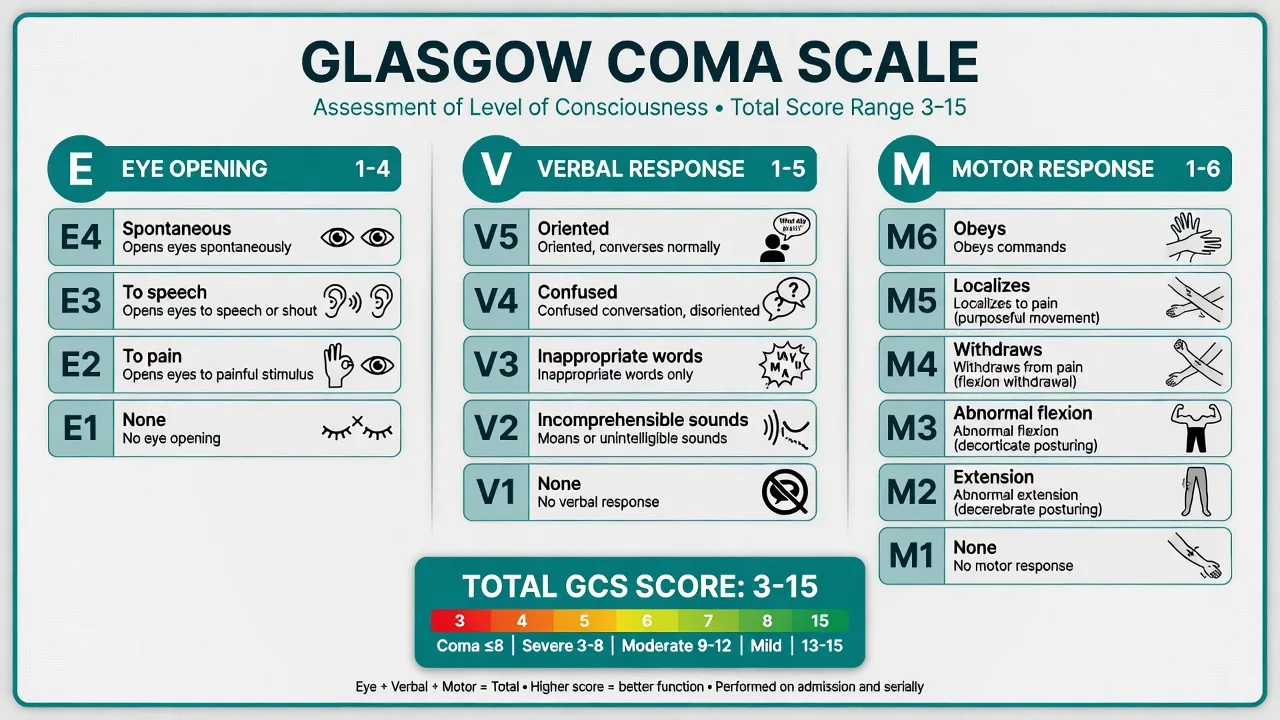 Educational Glasgow Coma Scale chart showing eye opening E1 to E4, verbal V1 to V5 and motor M1 to M6 with total range 3 to 15