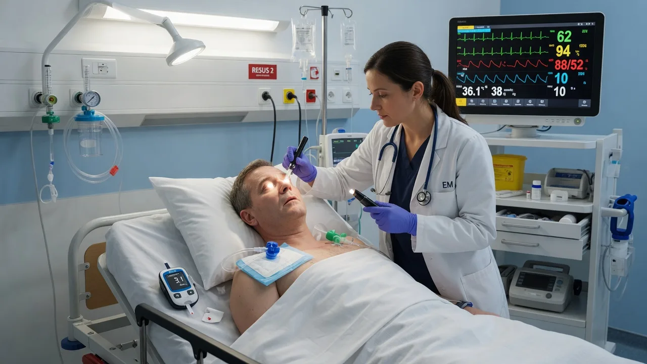 A clinician assessing a comatose patient's pupil response with a pen torch while the monitor shows vital signs