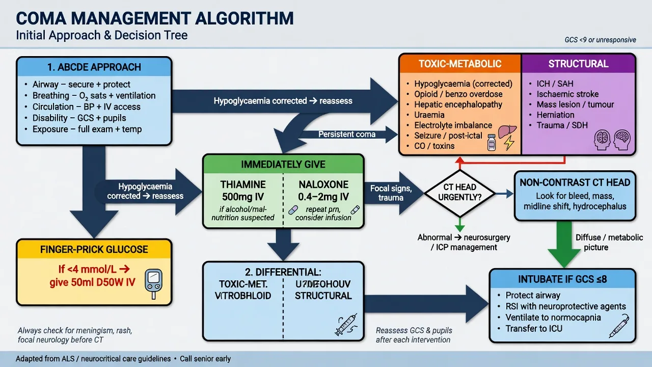 Educational coma management algorithm showing ABCDE, finger-prick glucose, thiamine and naloxone, toxic-metabolic versus structural differential, CT decision and intubation if GCS 8 or below