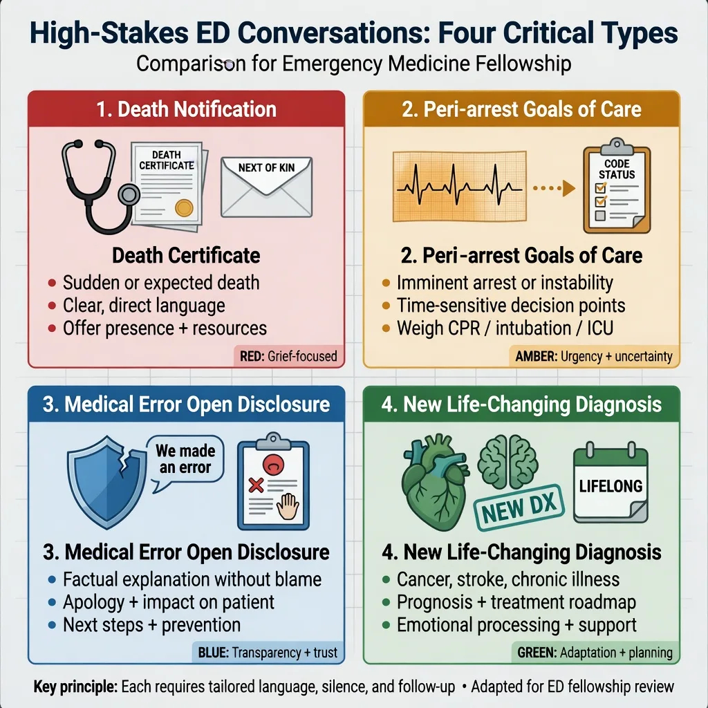 Four-panel comparison of death notification, peri-arrest goals of care, open disclosure and new diagnosis conversations