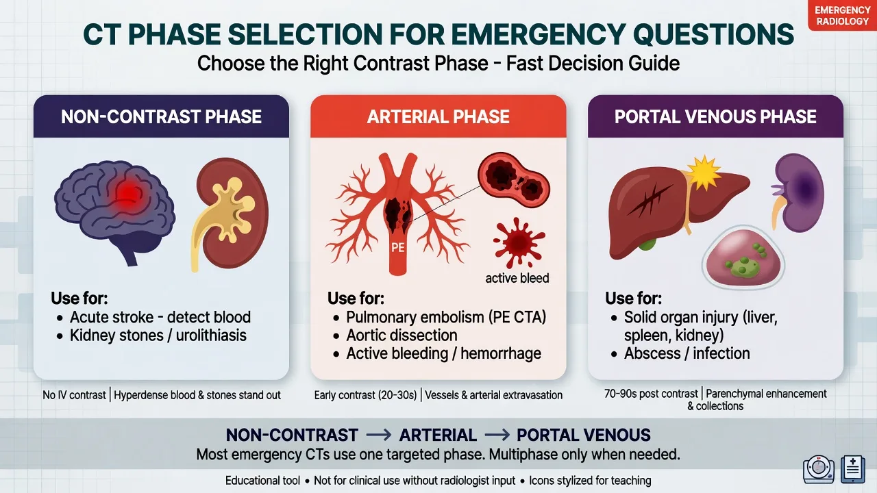 Educational CT phase selection chart non-contrast arterial portal venous for emergency questions
