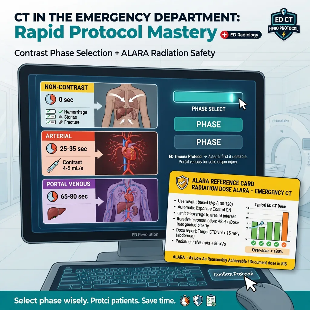 A CT scanner console with a contrast-phase selection chart and a radiation-dose reference card