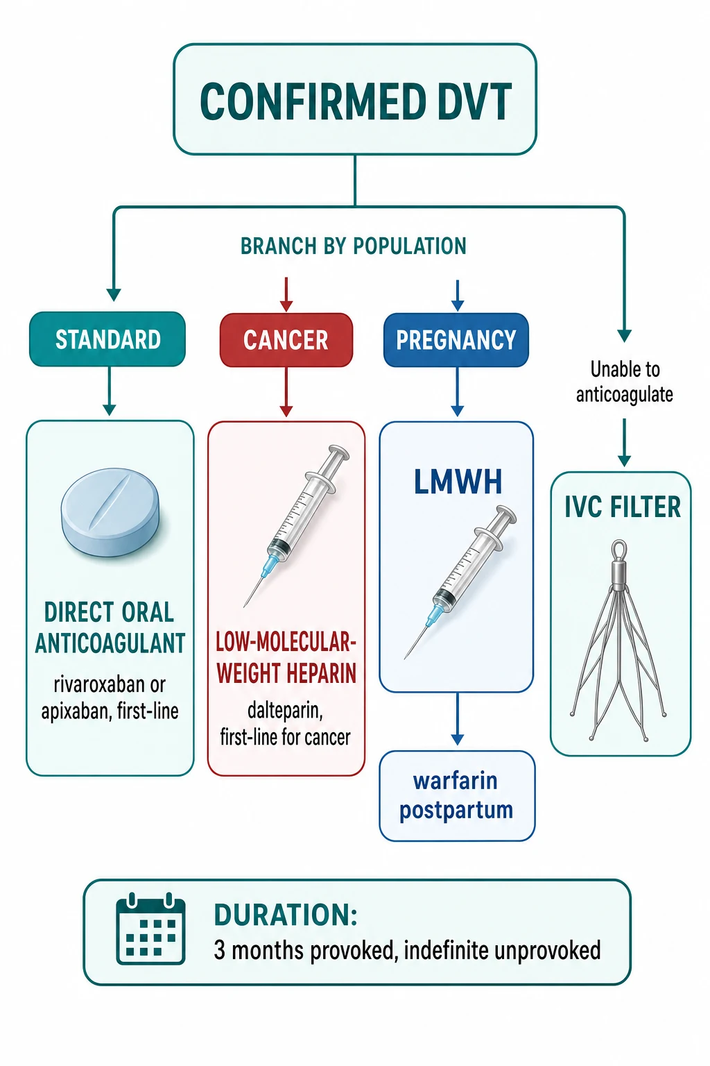 Educational DVT anticoagulation ladder DOAC dosing cancer pregnancy and phlegmasia escalation
