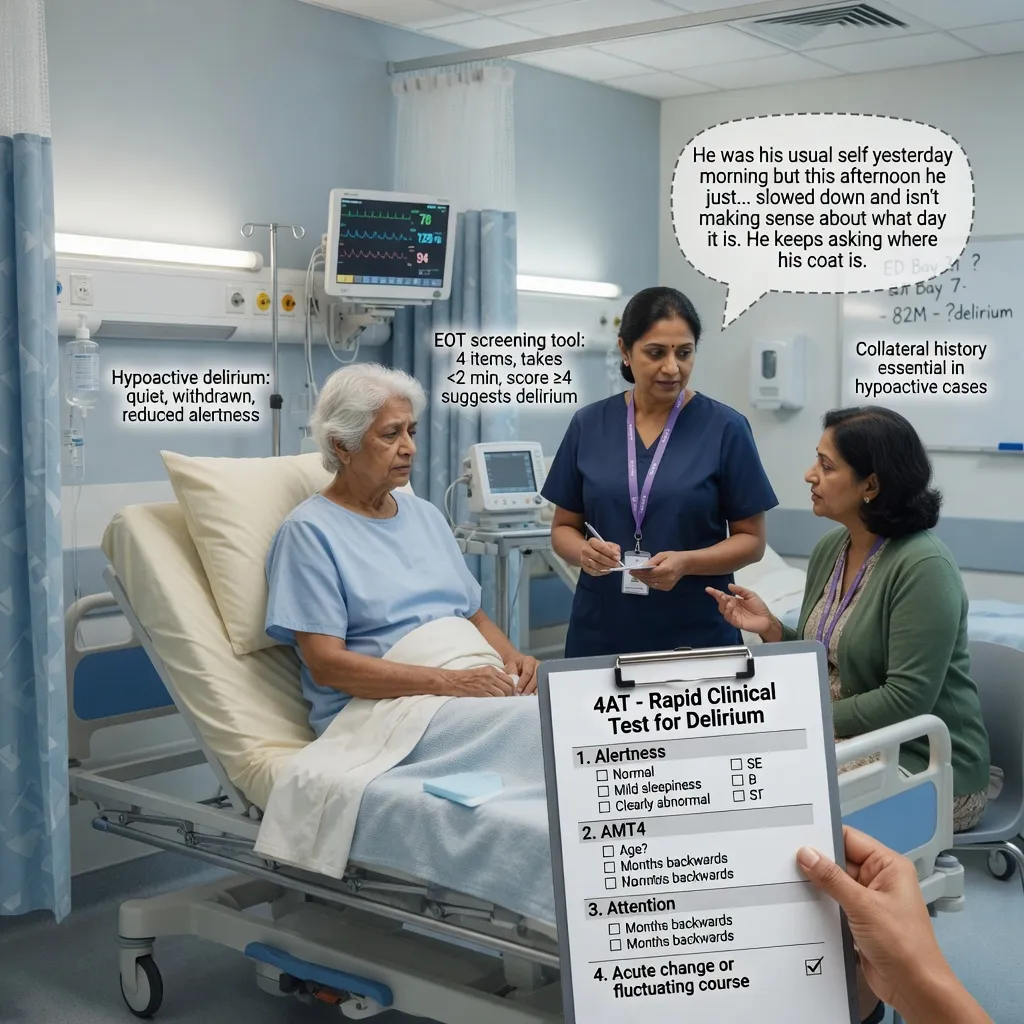 An older confused patient with a 4AT screening tool and a reversible-cause checklist