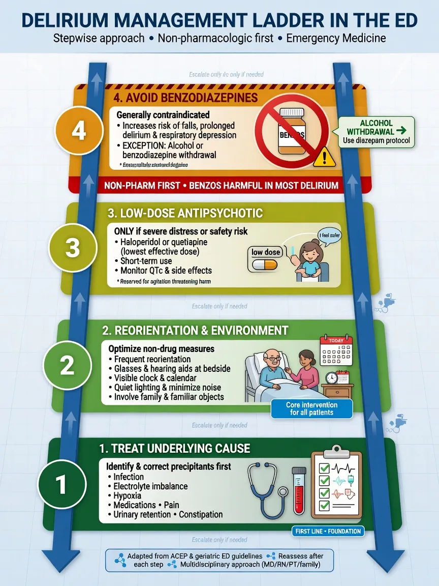 Non-pharmacological first management ladder for delirium then low-dose antipsychotic