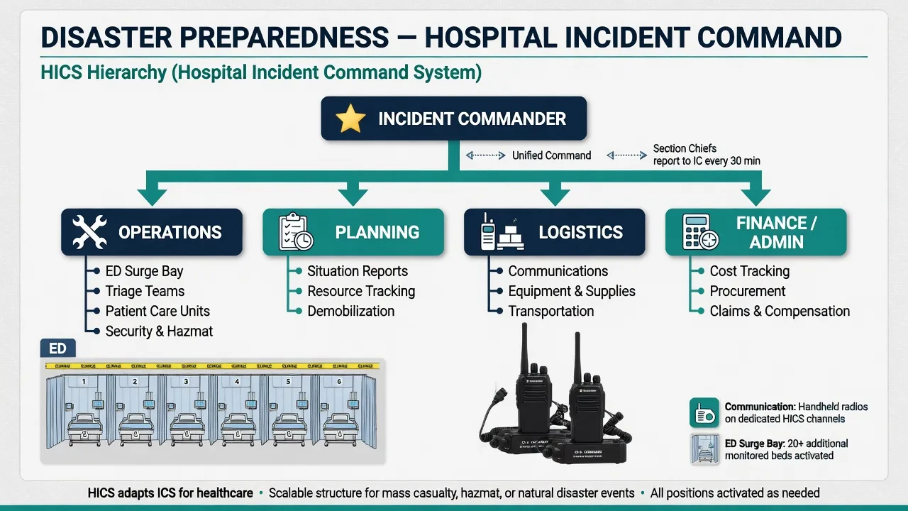 A hospital incident command centre with surge capacity and triage sort charts displayed