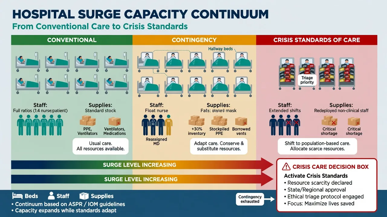 Surge continuum from conventional to contingency to crisis standards of care