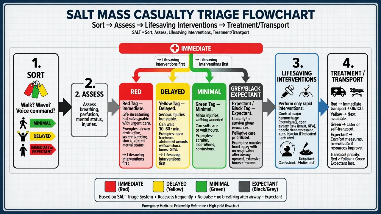 SALT mass casualty triage flowchart with Immediate Delayed Minimal Expectant categories