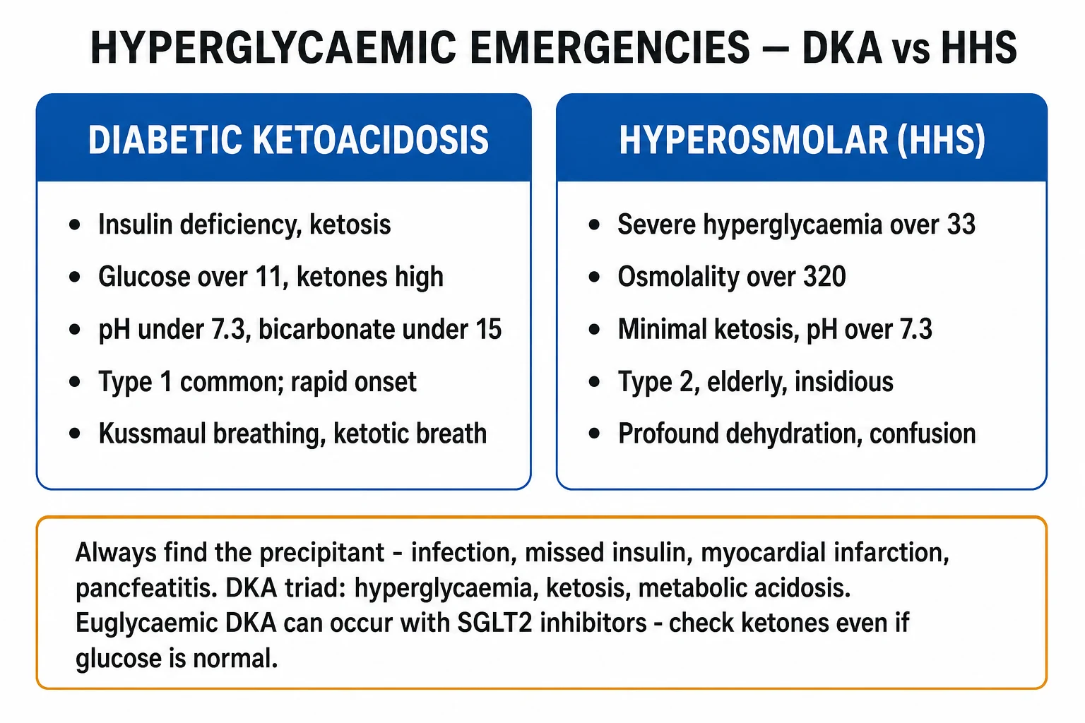 Educational classification diagram comparing DKA, HHS and hypoglycaemia by glucose, ketones, osmolality and mental state