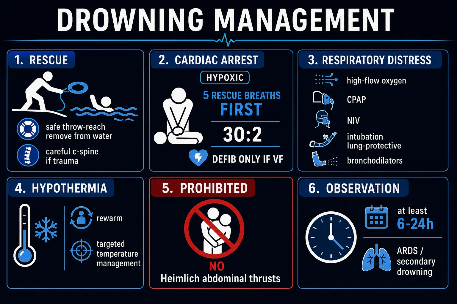 Educational drowning chain of survival and ED resuscitation algorithm emphasising early ventilation oxygen and selective cervical spine care