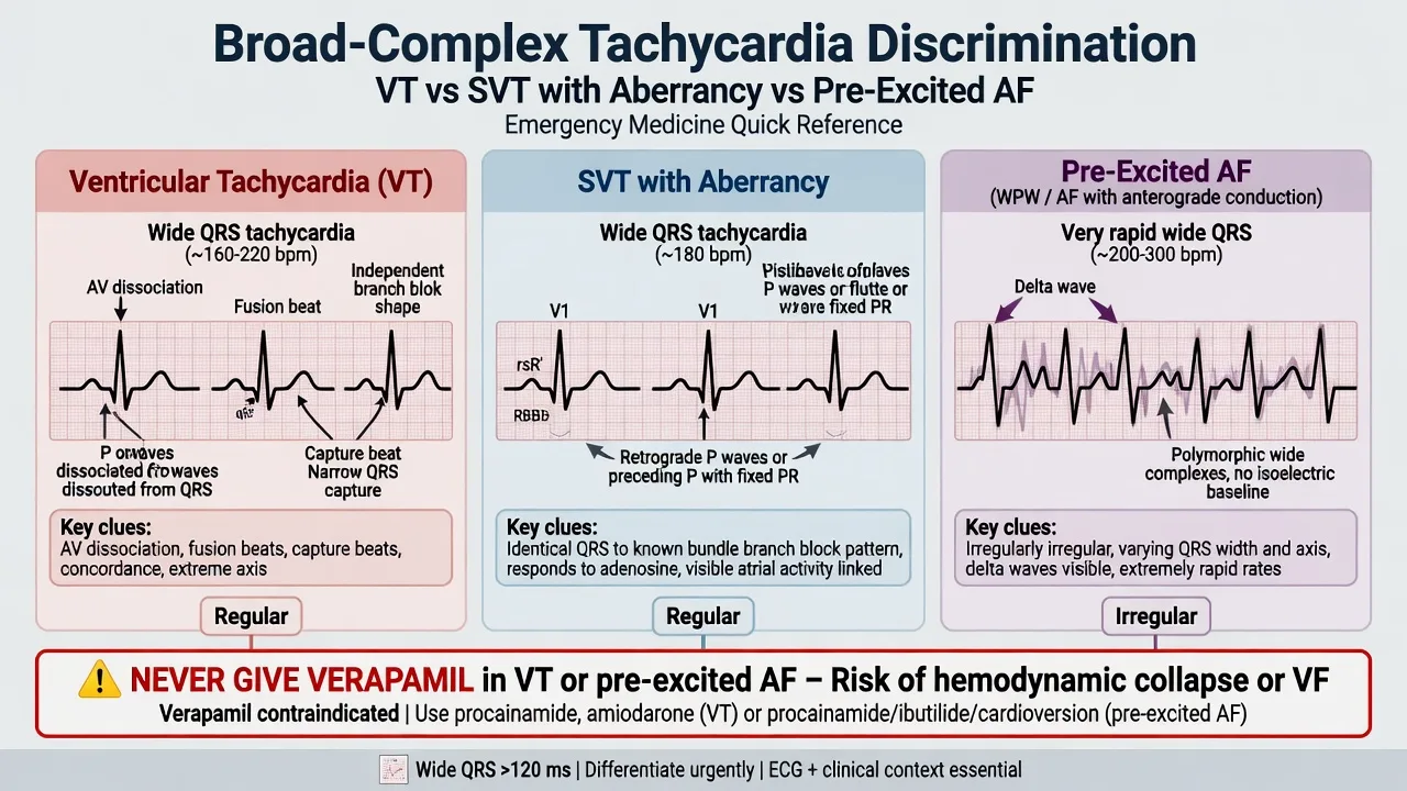 Comparison of ventricular tachycardia, SVT with aberrancy and pre-excited atrial fibrillation