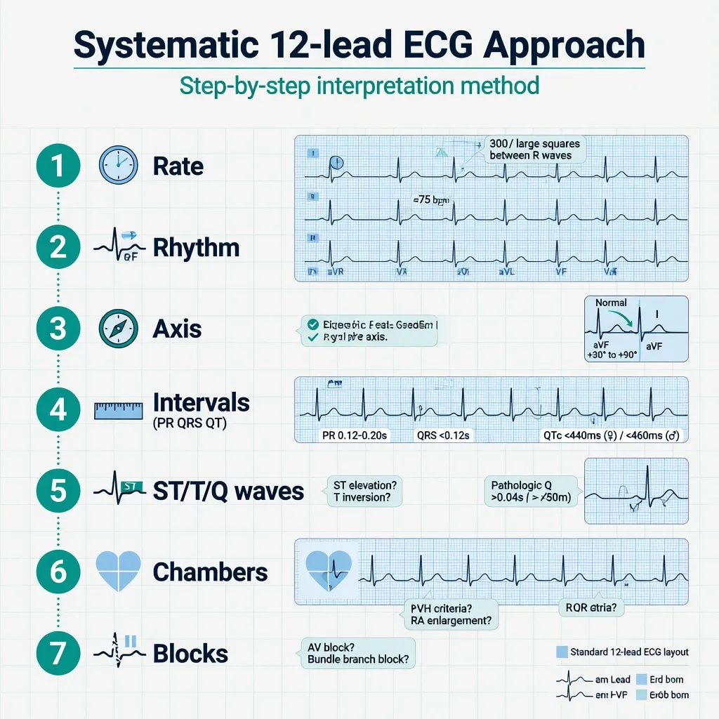 A 12-lead ECG on a monitor with the rate, rhythm, axis, intervals and segments annotated