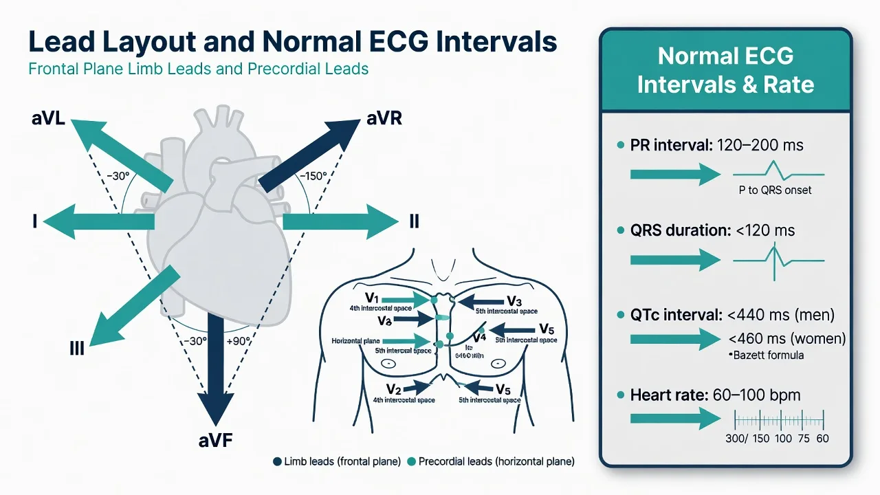 Lead layout of the 12-lead ECG with normal interval ranges PR QRS and QTc