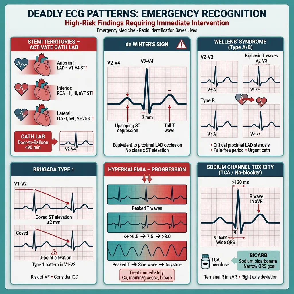 A 12-lead ECG showing ST elevation and a Brugada pattern beside an antidote and reperfusion card