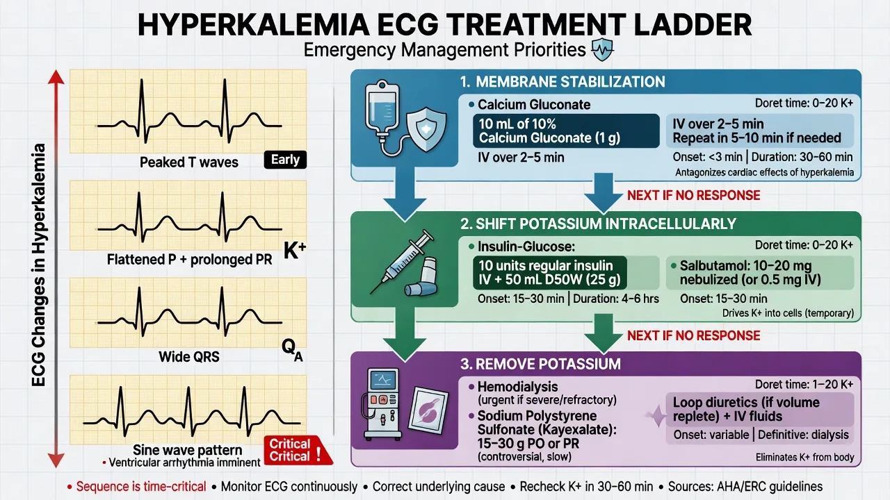 Hyperkalaemia ECG progression and three-tier treatment ladder with calcium insulin and dialysis