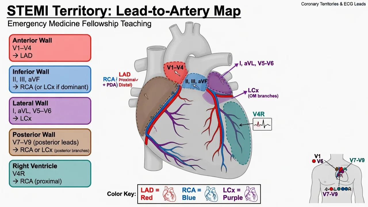 STEMI territory map linking ECG leads to coronary arteries