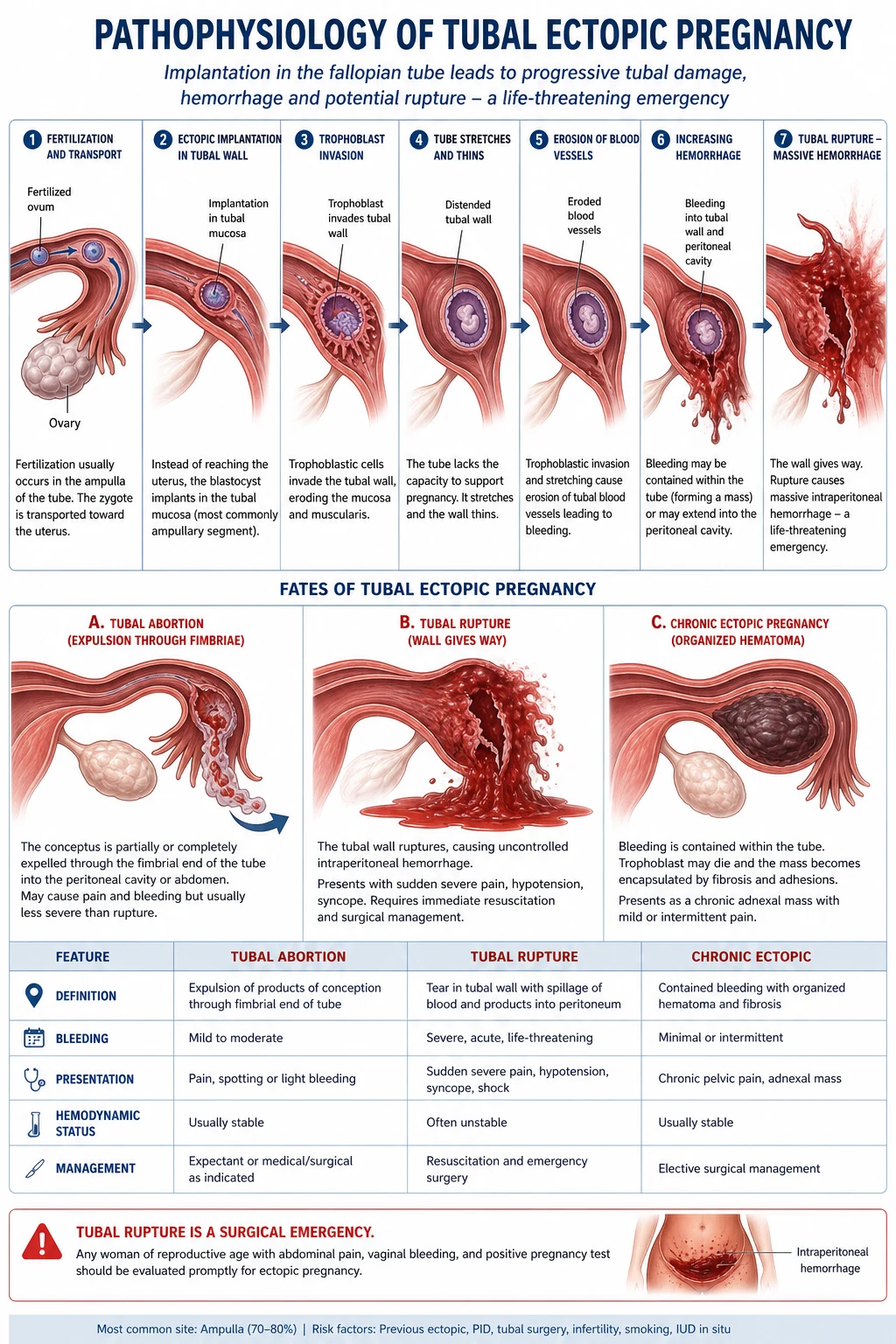 Educational pathophysiology diagram of tubal ectopic implantation trophoblastic invasion rupture and haemoperitoneum with referred shoulder-tip pain