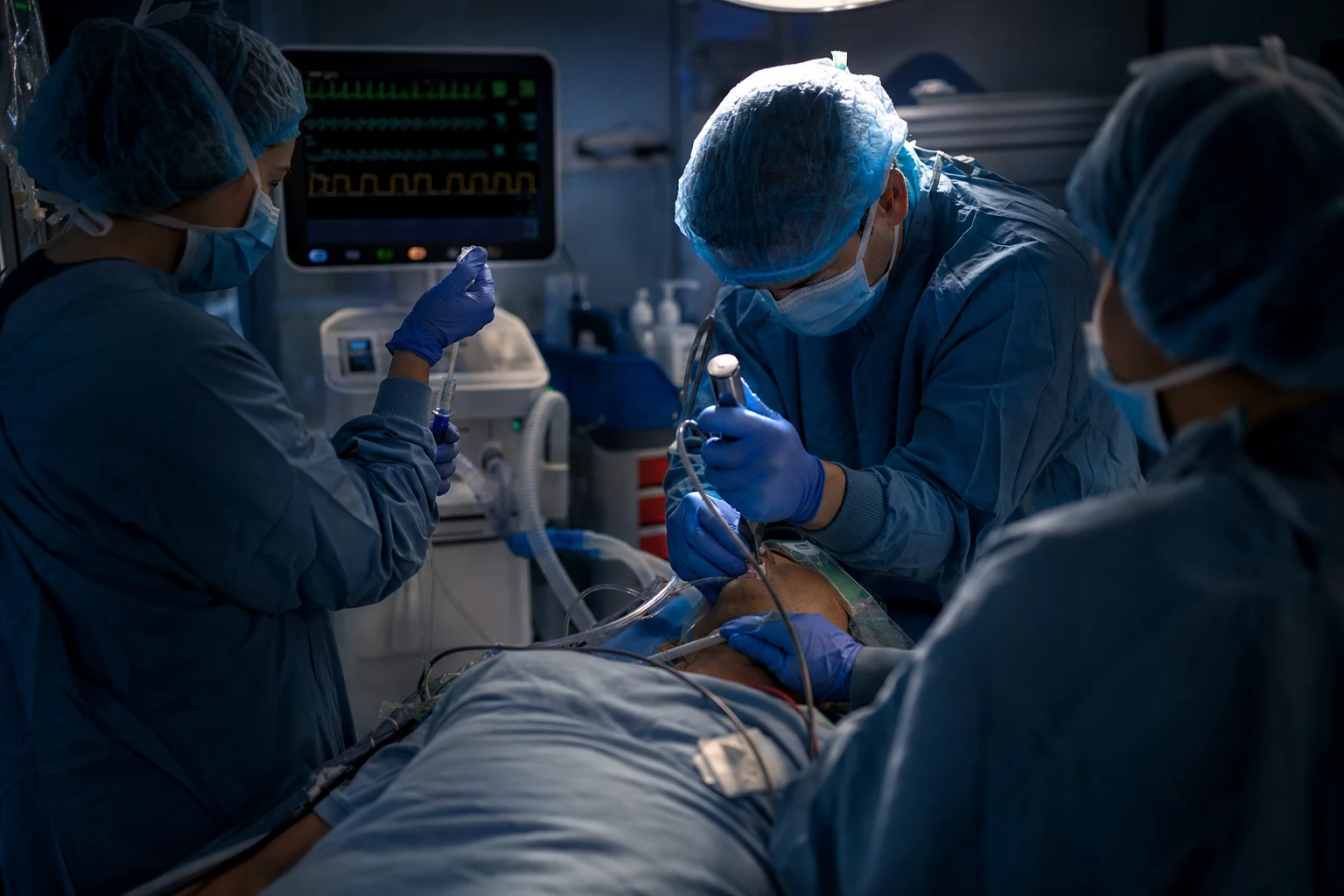 An emergency team performing rapid sequence intubation in a resuscitation bay
