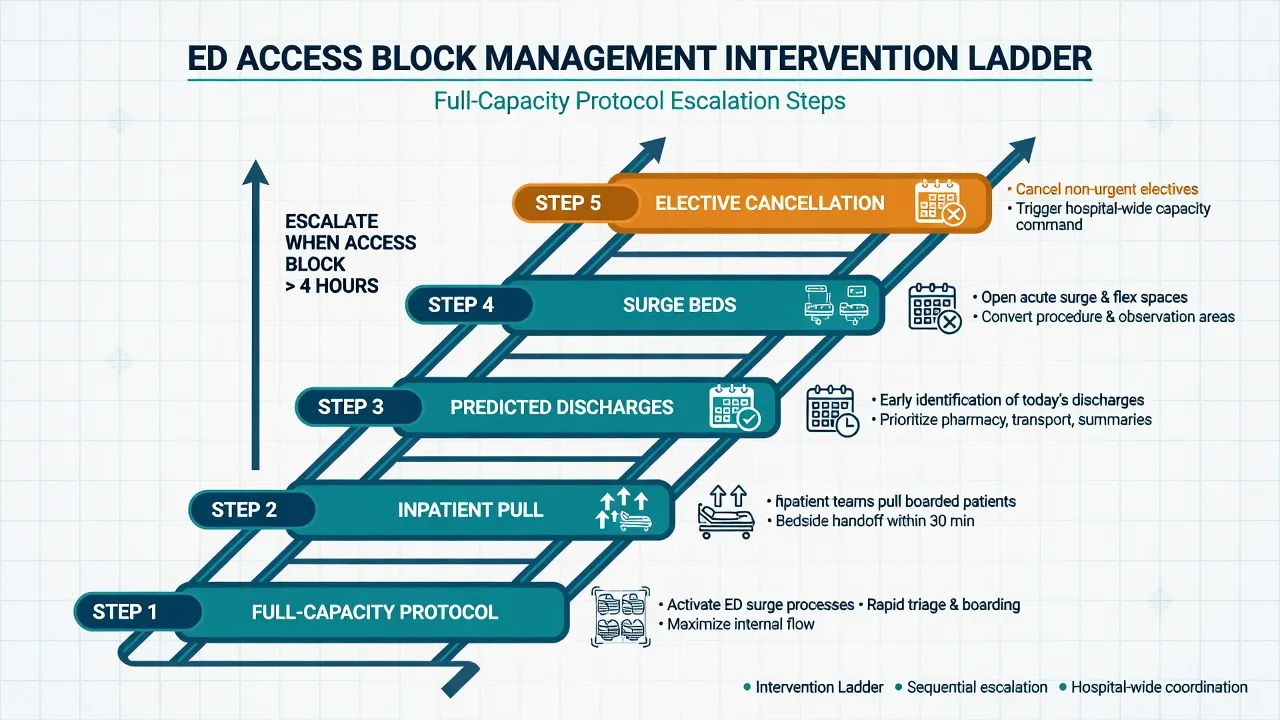 Educational intervention ladder for ED access block from full-capacity protocol to inpatient pull and hospital-wide surge