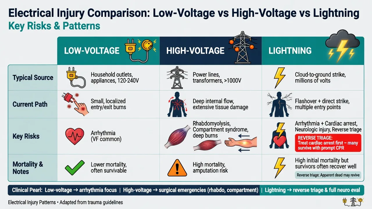Comparison of low-voltage, high-voltage and lightning injury mechanisms and risks