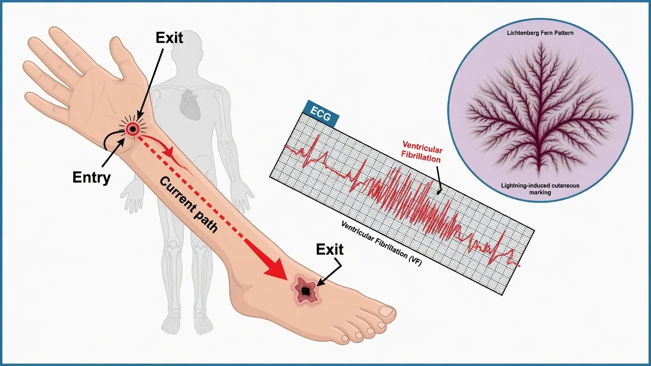 An electrical injury patient with an entry and exit wound beside an ECG showing arrhythmia