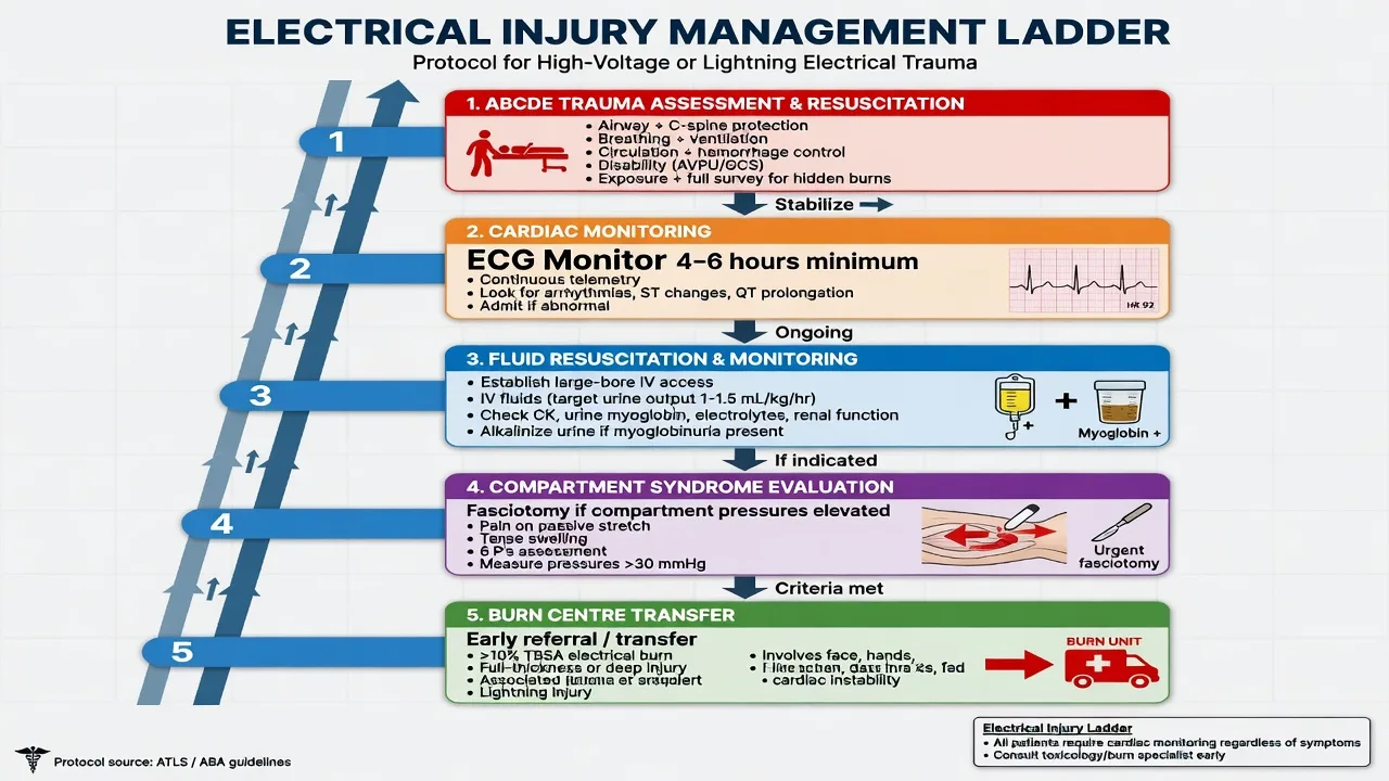 Electrical injury management ladder from ABCDE through ECG monitoring fluids and fasciotomy