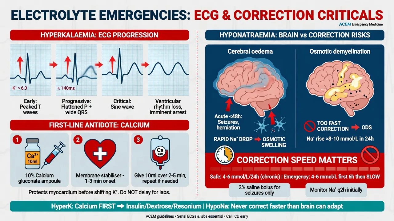 Educational hero diagram of hyperkalaemia ECG progression and sodium correction rate principles