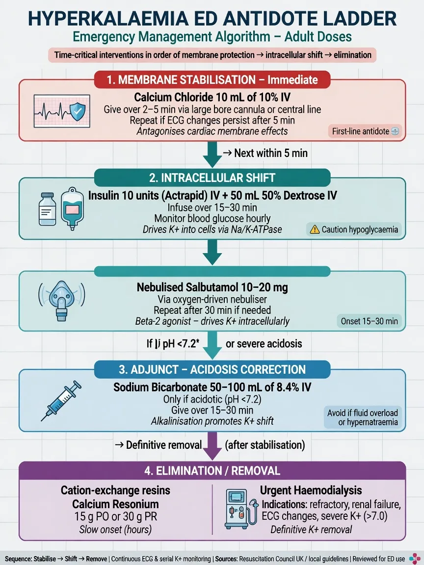 Hyperkalaemia antidote ladder with calcium, insulin-dextrose, salbutamol, bicarbonate and dialysis removal steps