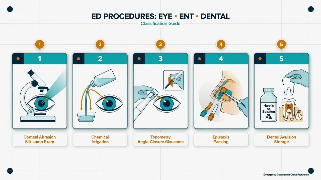 Educational panel of ED eye ENT and dental procedures: slit-lamp, tonometry, irrigation, epistaxis packing, dental avulsion