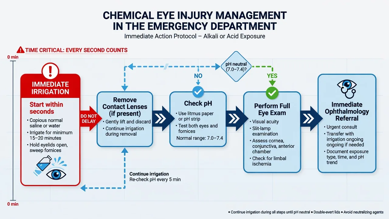 Educational management steps for chemical eye injury: immediate irrigation, pH check, Morgan lens, then specialist referral