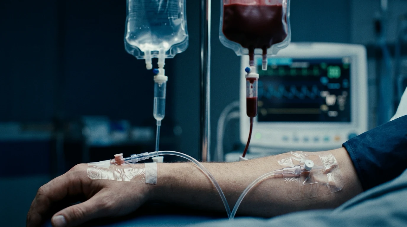 A passive leg raise being performed beside a balanced crystalloid bag and a fluid-responsiveness assessment