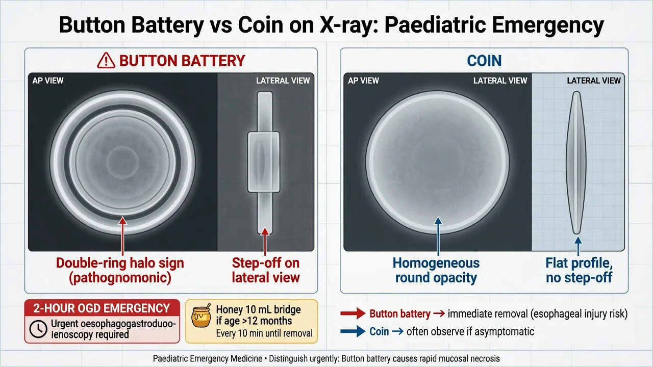 Button battery versus coin radiographic signs with two-hour OGD emergency