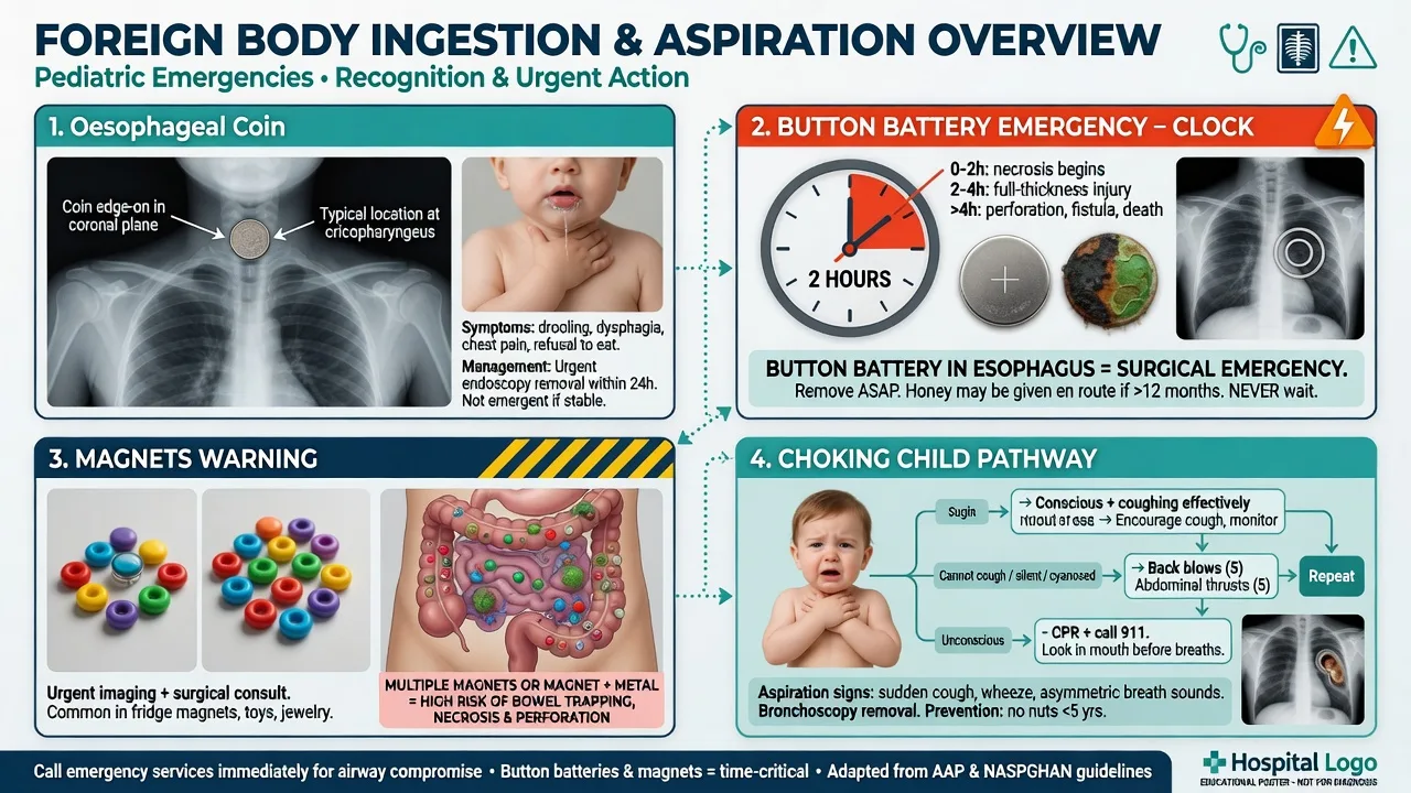 An X-ray of a child's oesophagus showing a coin and a button battery beside a choking algorithm