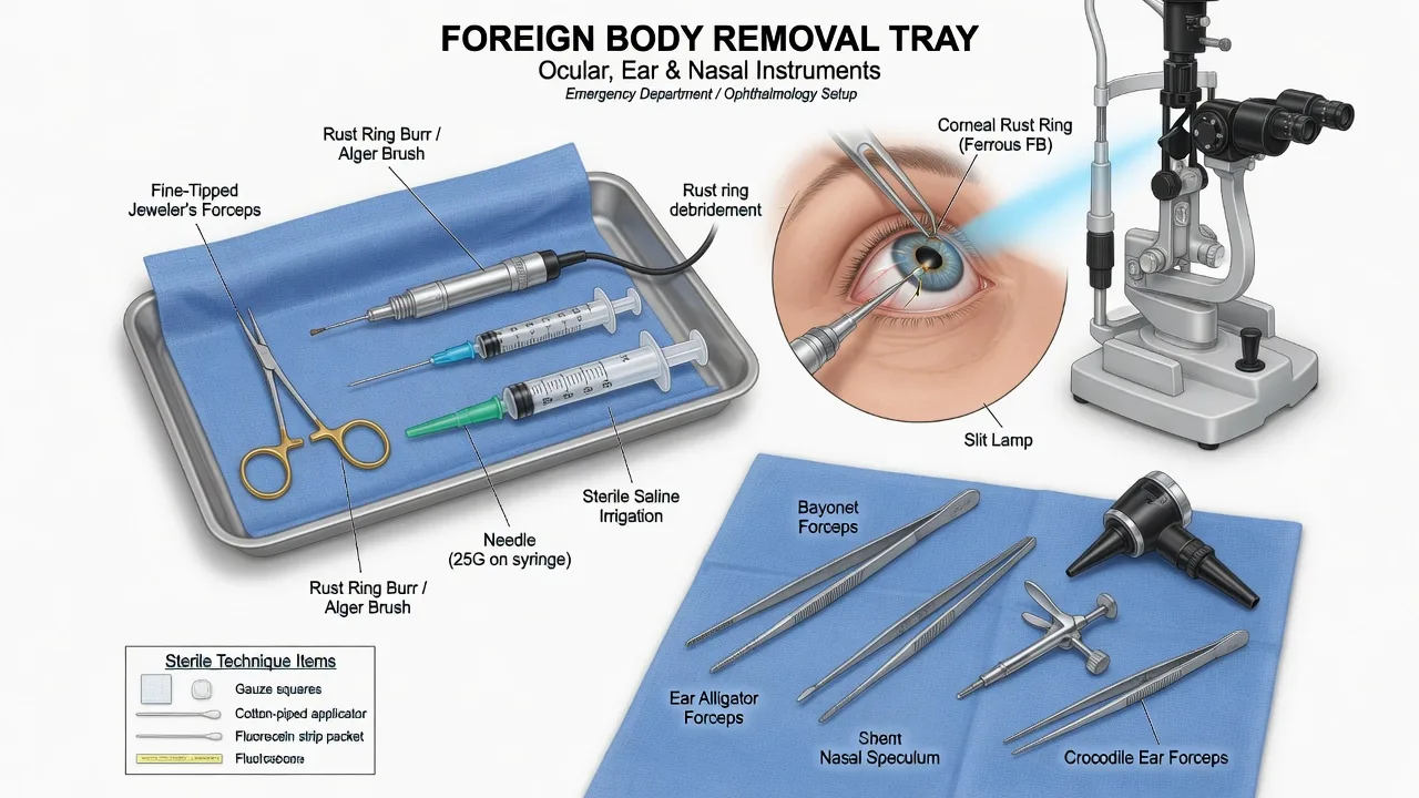 A tray with forceps, a needle and a slit-lamp for removing a soft-tissue and ocular foreign body