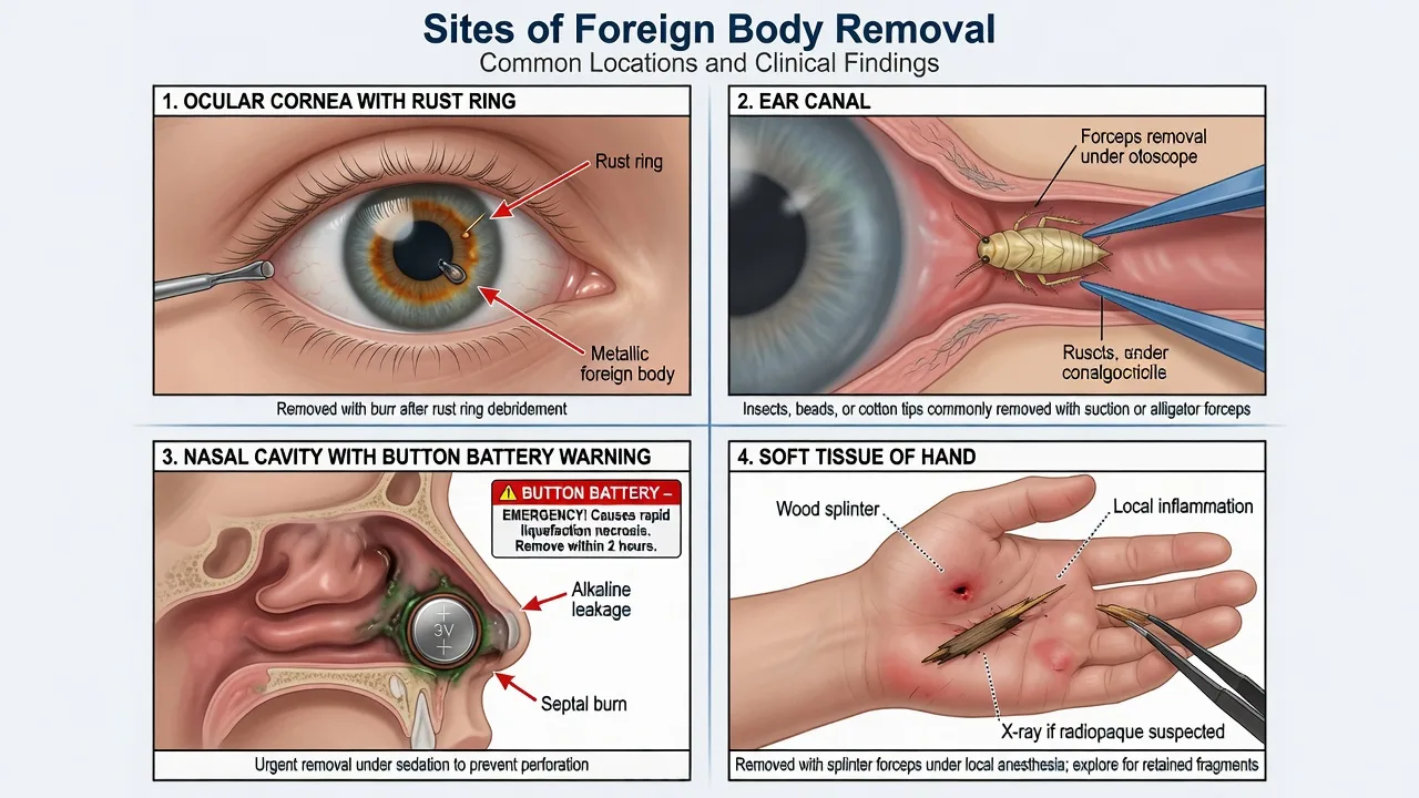 Sites of foreign body removal including ocular ear nasal and soft tissue