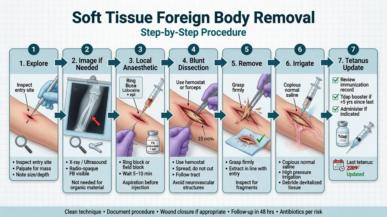 Stepwise soft tissue foreign body removal flowchart