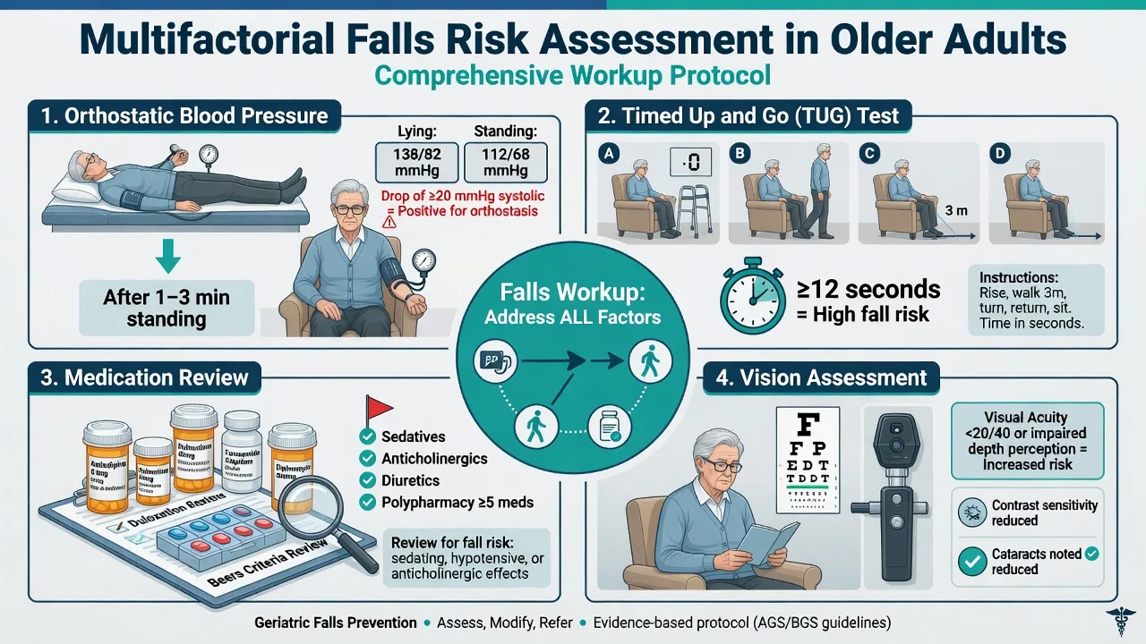An older patient on the floor being assessed with a multifactorial falls workup and a lying-and-standing blood pressure